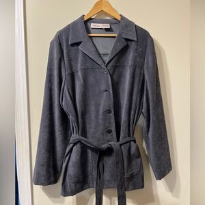 WORTHINGTON Dark Grey Lined Button Up Belted Jacket Sz 16 Business Elegant Suede